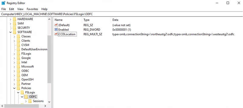 Screenshot that shows the Cloud Cache registry keys for Office Container.