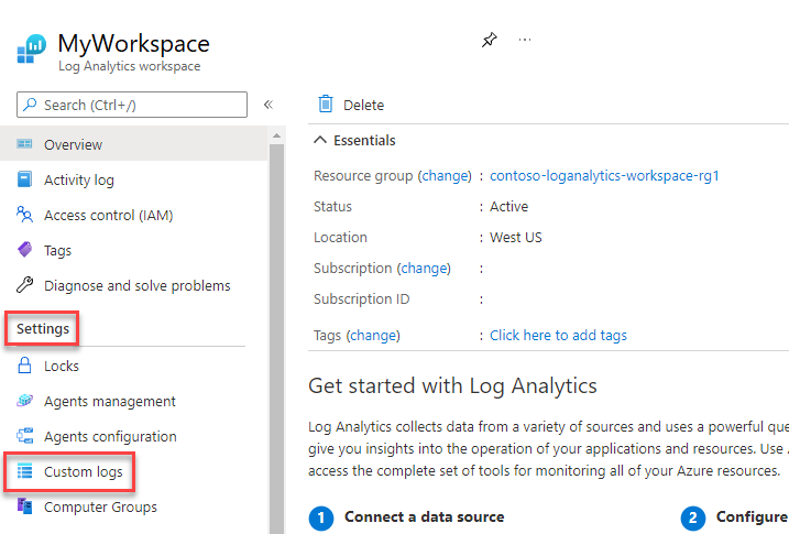 Screenshot of the MyWorkspace page in the Azure portal. Settings and Custom logs are called out.