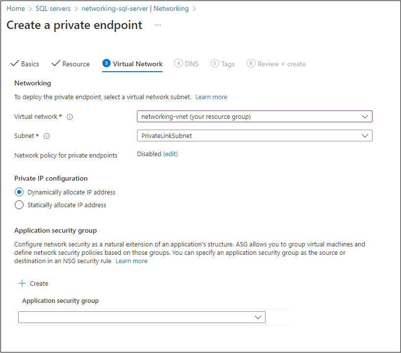 Screenshot of the Private Endpoint virtual network configuration page.