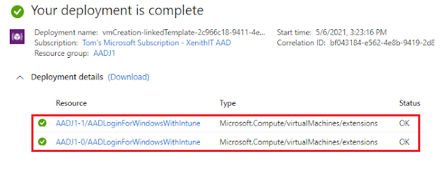 Screenshot that shows Azure Virtual Desktop with Azure AD deployment completed.