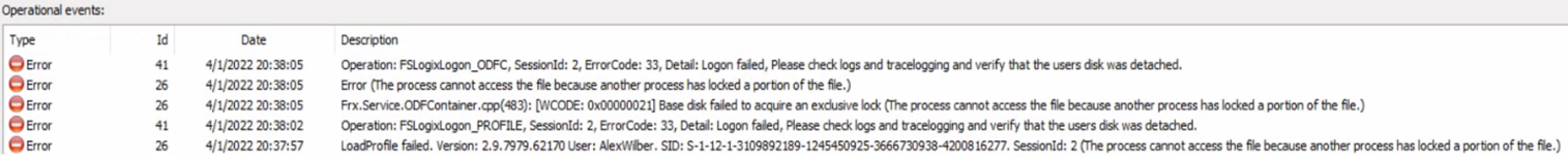 Screenshot that shows the FSLogix diagnostic log.