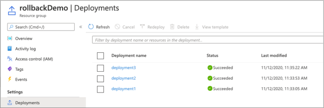 Image showing Azure Resource Manager Deployments in the Azure portal.