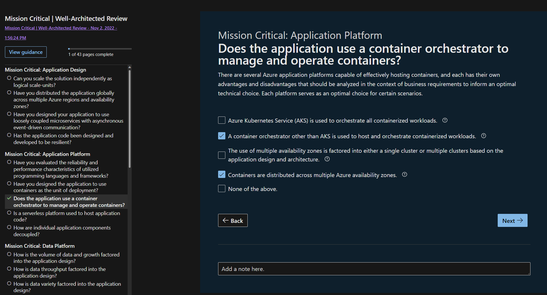 Screenshot of the mission-critical review tool.