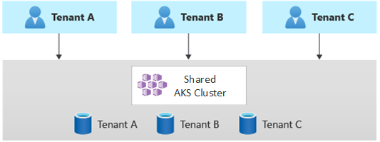 Diagram showing three tenants, each using a dedicated database and a single, shared Kubernetes application.