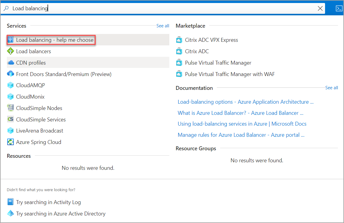 Screenshot that shows searching for load balancing in the Azure portal.