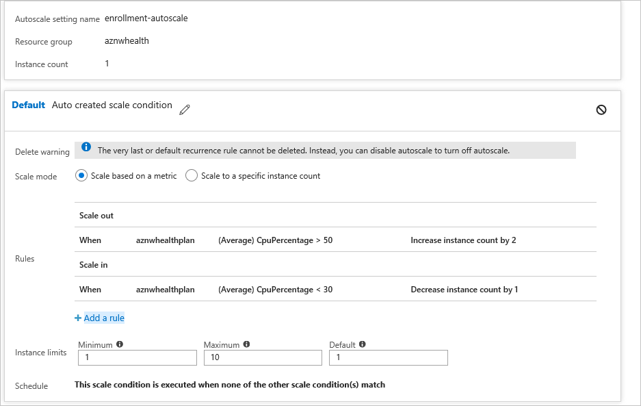 Screenshot that shows you how to configure autoscale in Azure App Service.
