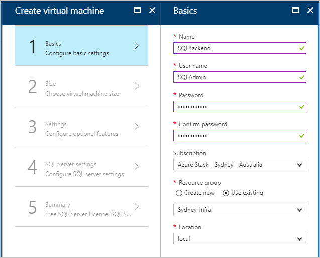 Screenshot that shows you how to configure the basic settings for a VM in the Azure Stack Hub user portal.