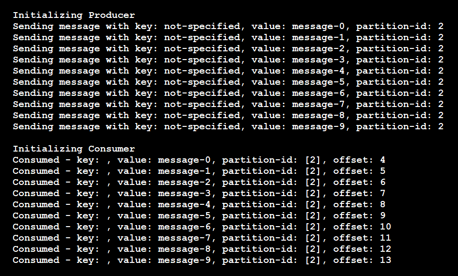 Screenshot showing producer and consumer logs. All events went to partition 2. They arrived in production order, and none contained a key.