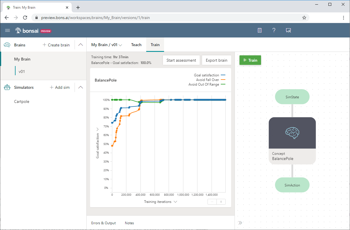 Project Bonsai dashboard: a low code industrial AI development platform.