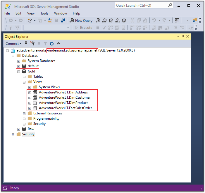 Screenshot that shows SSMS connected to the Azure Synapse SQL Server endpoint.