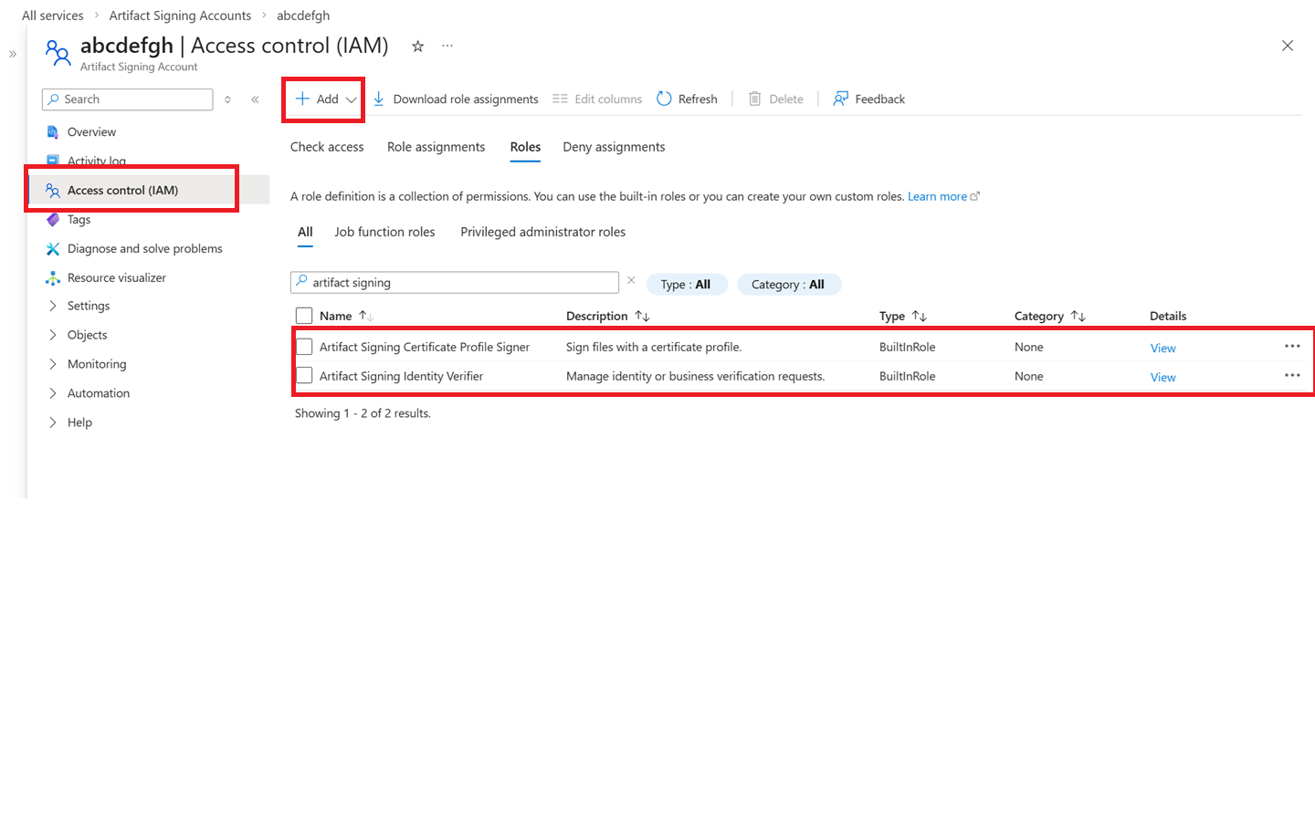 Screenshot that shows the Azure portal UI and the Artifact Signing custom RBAC roles.