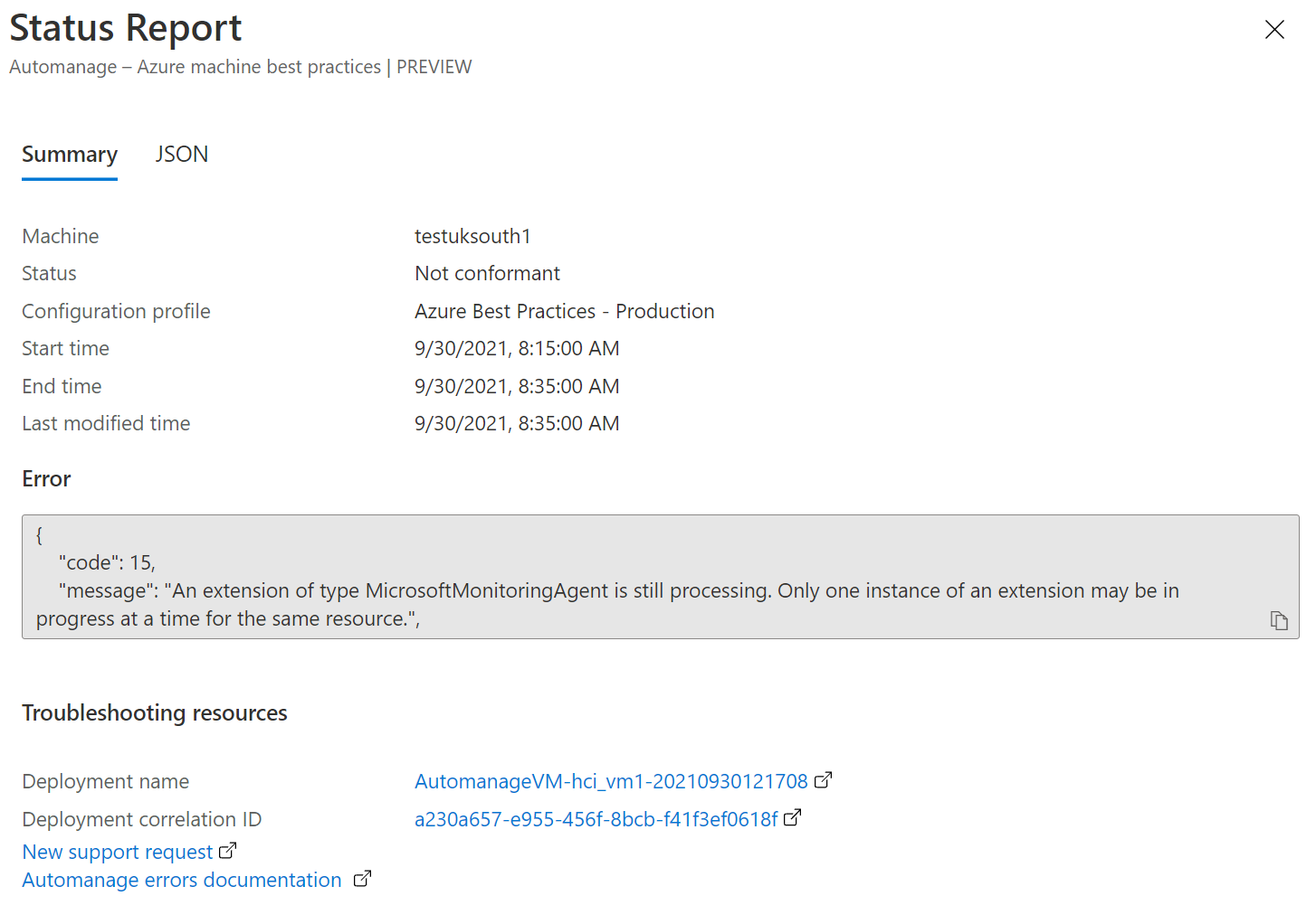 Screenshot of Automanage failure detail flyout.