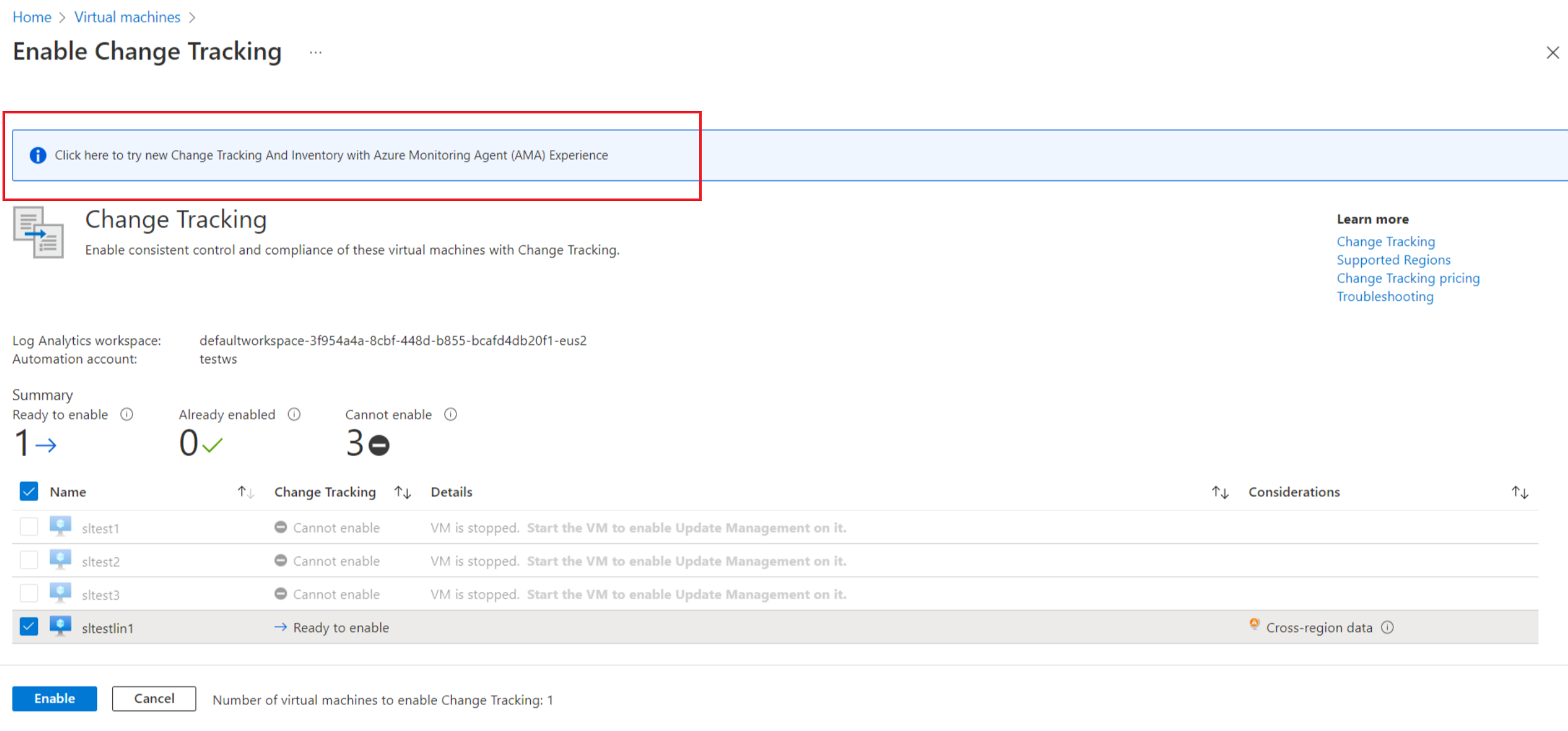 Screenshot showing how to select enable change tracking for multiple vms from the portal.