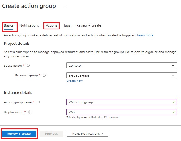 The create action group page with Basics tab open.