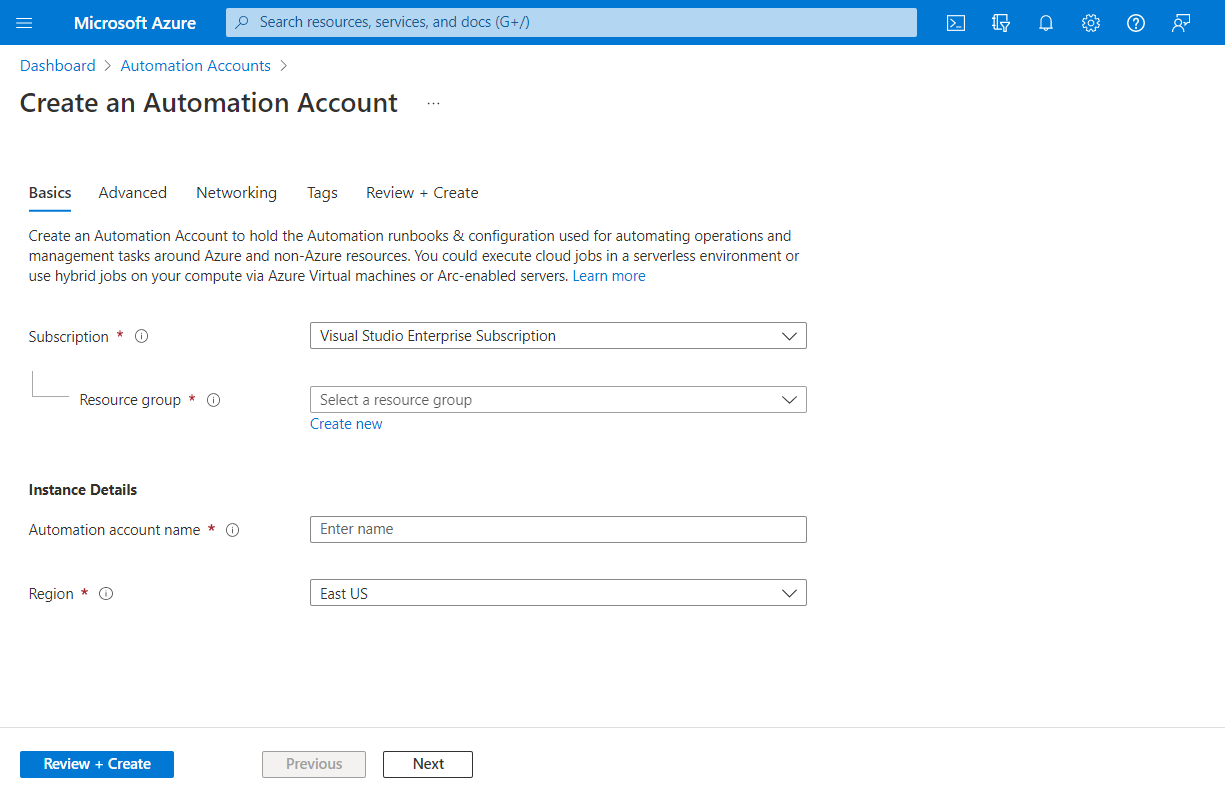 Screenshot shows the required fields for creating the Automation account on Basics tab.