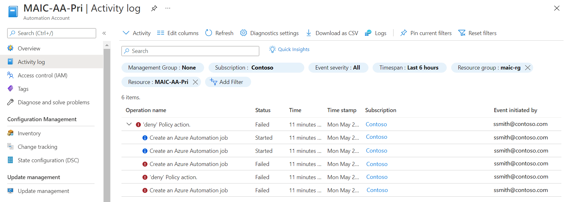 Example of Activity log for failed job execution.