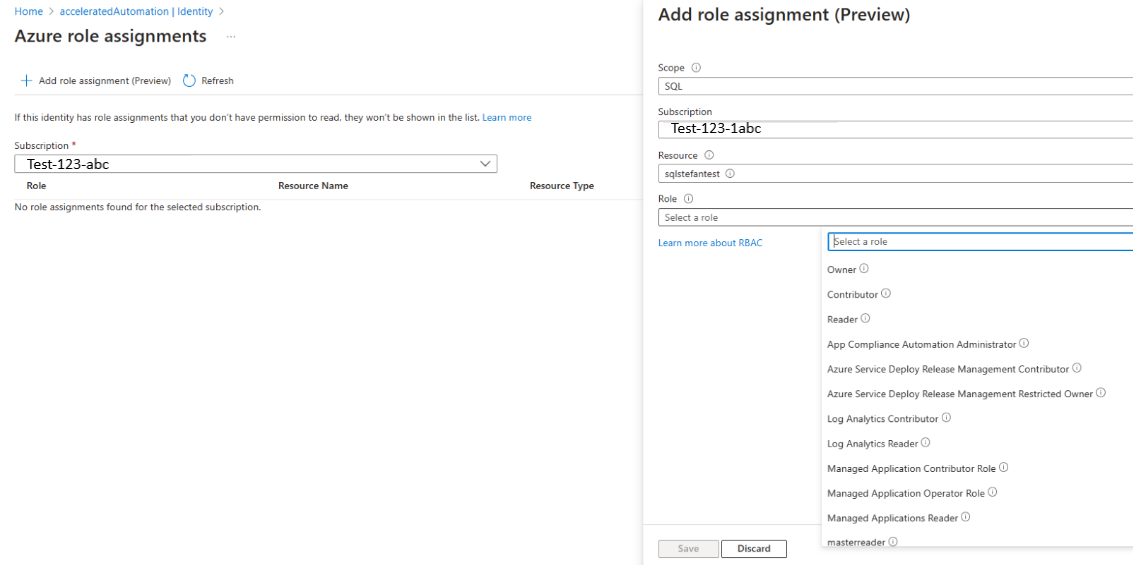 Screenshot of adding role assignment when the system assigned managed identity's status is set to ON.