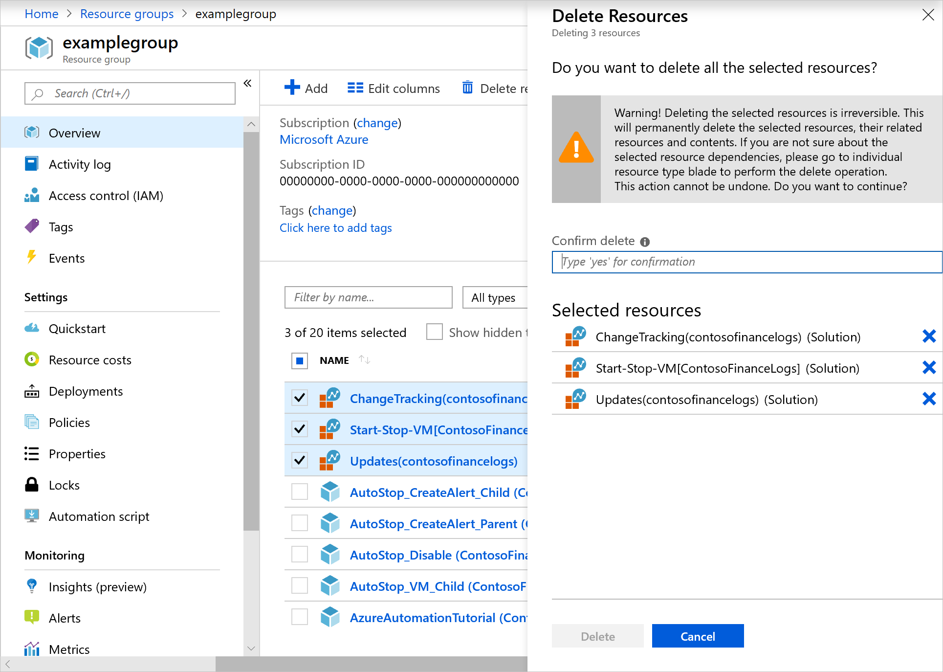 Screenshot of deleting feature resources from the Azure portal