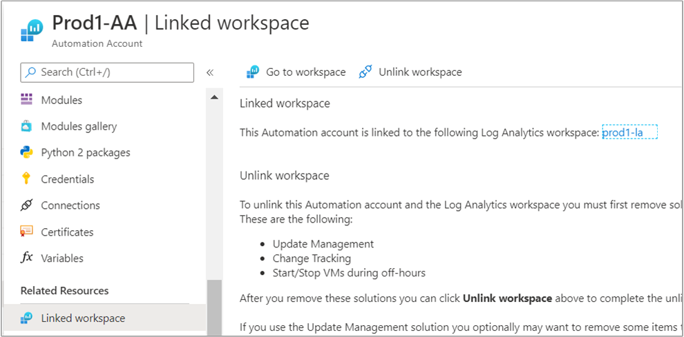 Automation account linked to the Log Analytics workspace