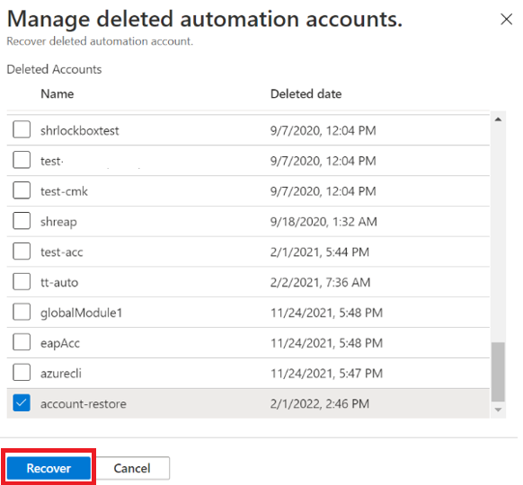 Screenshot showing the recovery of deleted Automation account.