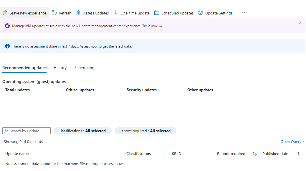 Screenshot of Update Management assessment view for Arc-enabled servers.