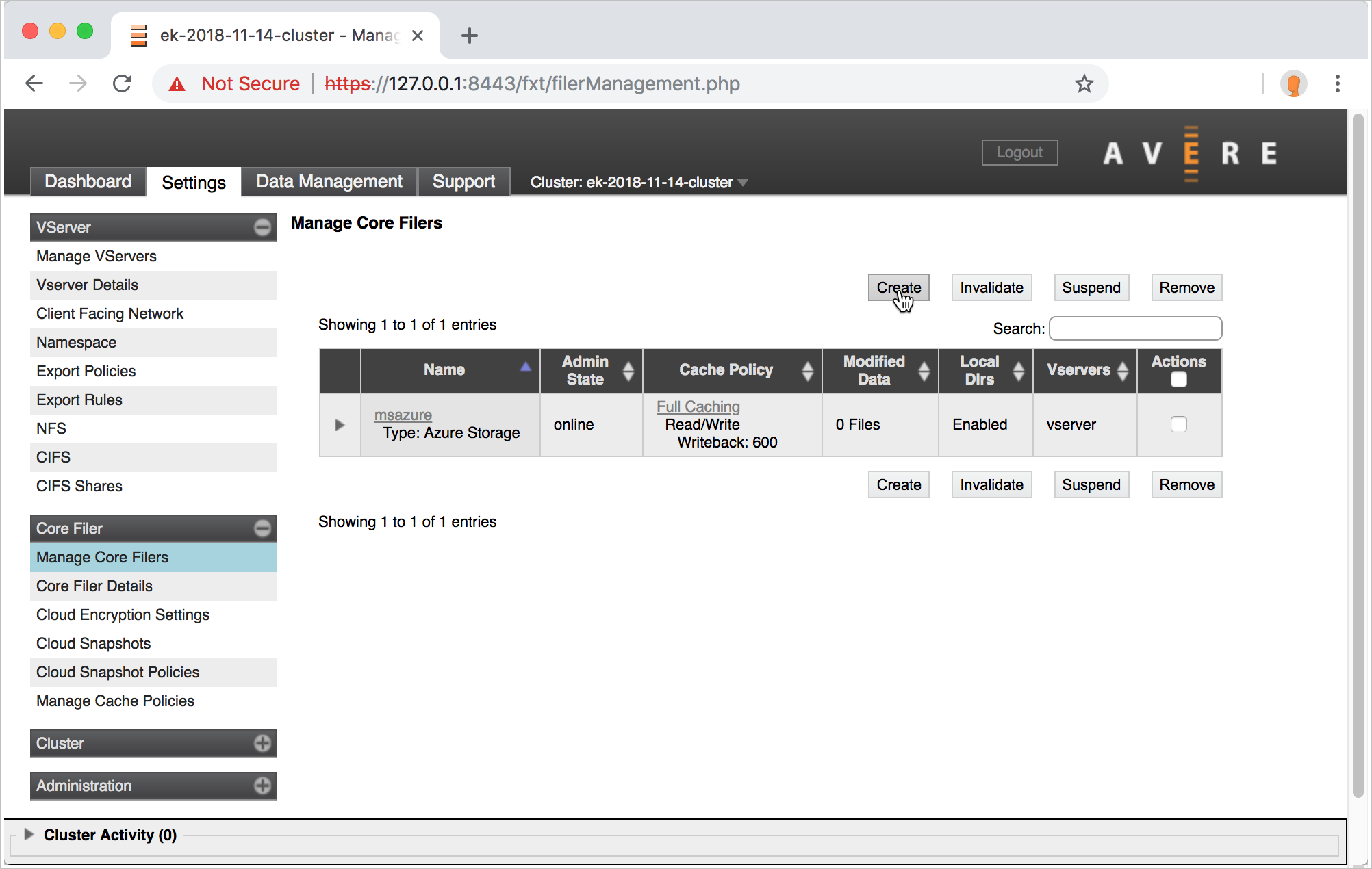 Screenshot of the Add new core filer page with a cursor over the Create button