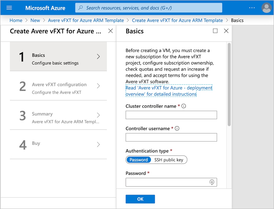 Azure marketplace with the first page of the deployment template showing