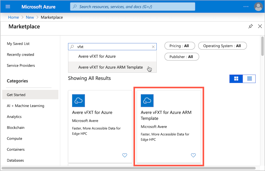 Browser window showing the Azure portal with bread crumbs "New > Marketplace > Everything". In the Everything page, the search field has the term "avere" and the second result, "Avere vFXT for Azure ARM Template" is outlined in red to highlight it.