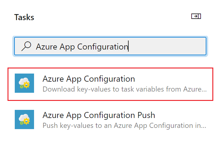 Screenshot shows the Add Task dialog with Azure App Configuration in the search box.