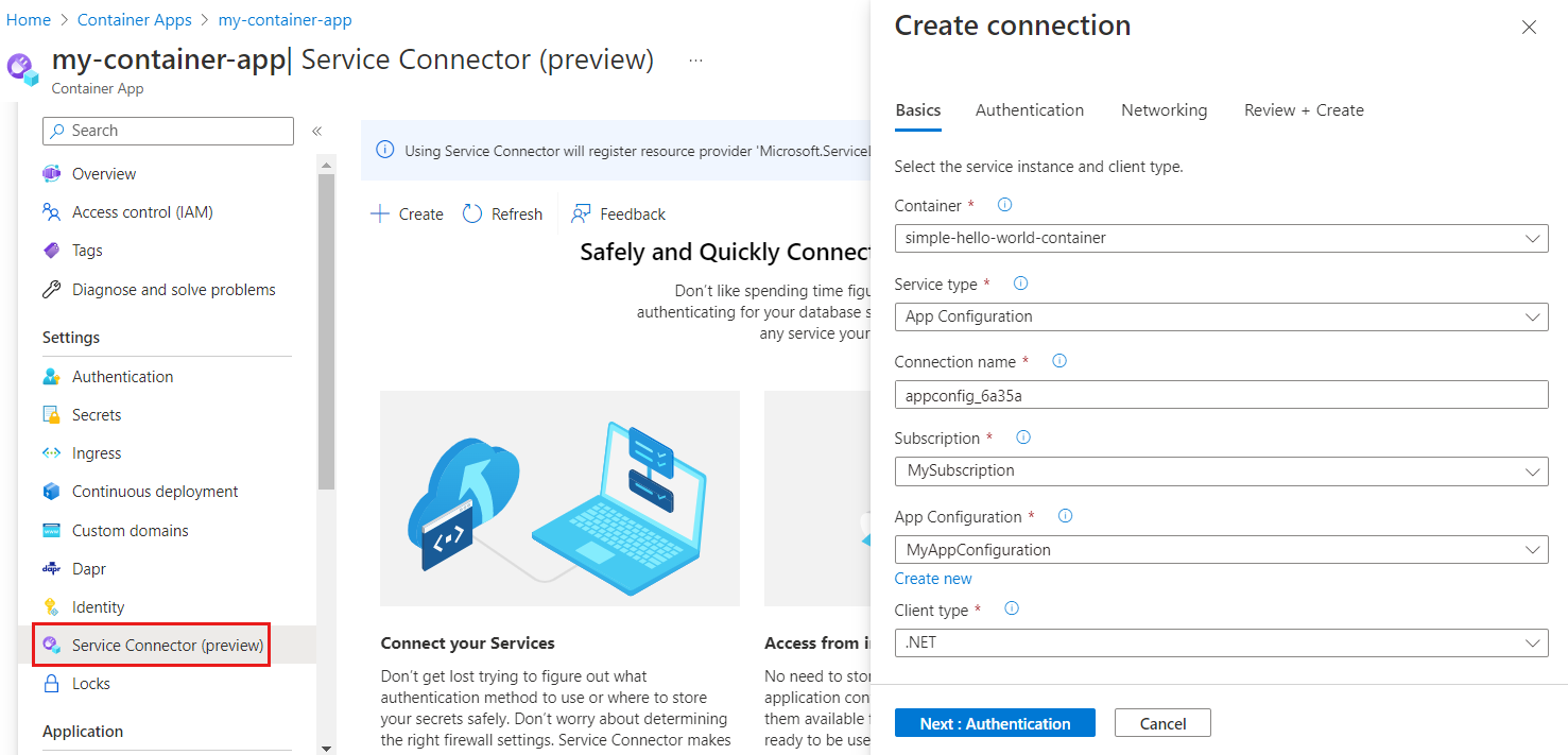 Screenshot the Azure platform showing a form in the Service Connector menu in a Container App.