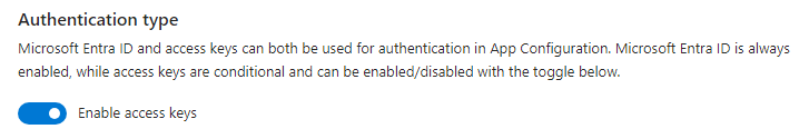Screenshot showing how to enable access key authentication for Azure App Configuration.