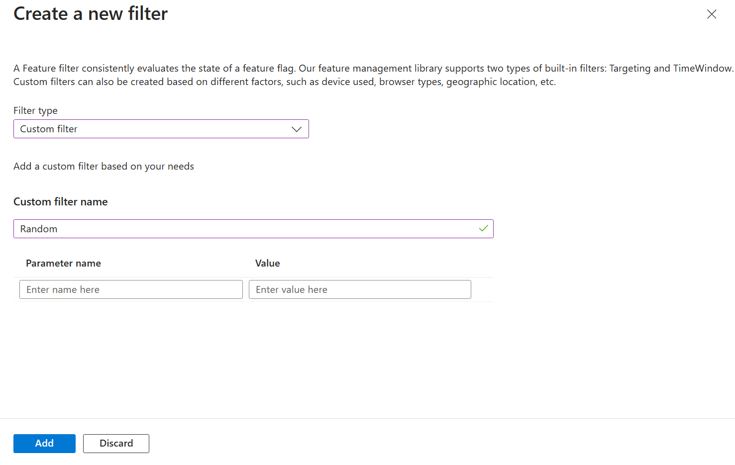 Screenshot of the Azure portal, creating a new custom filter.