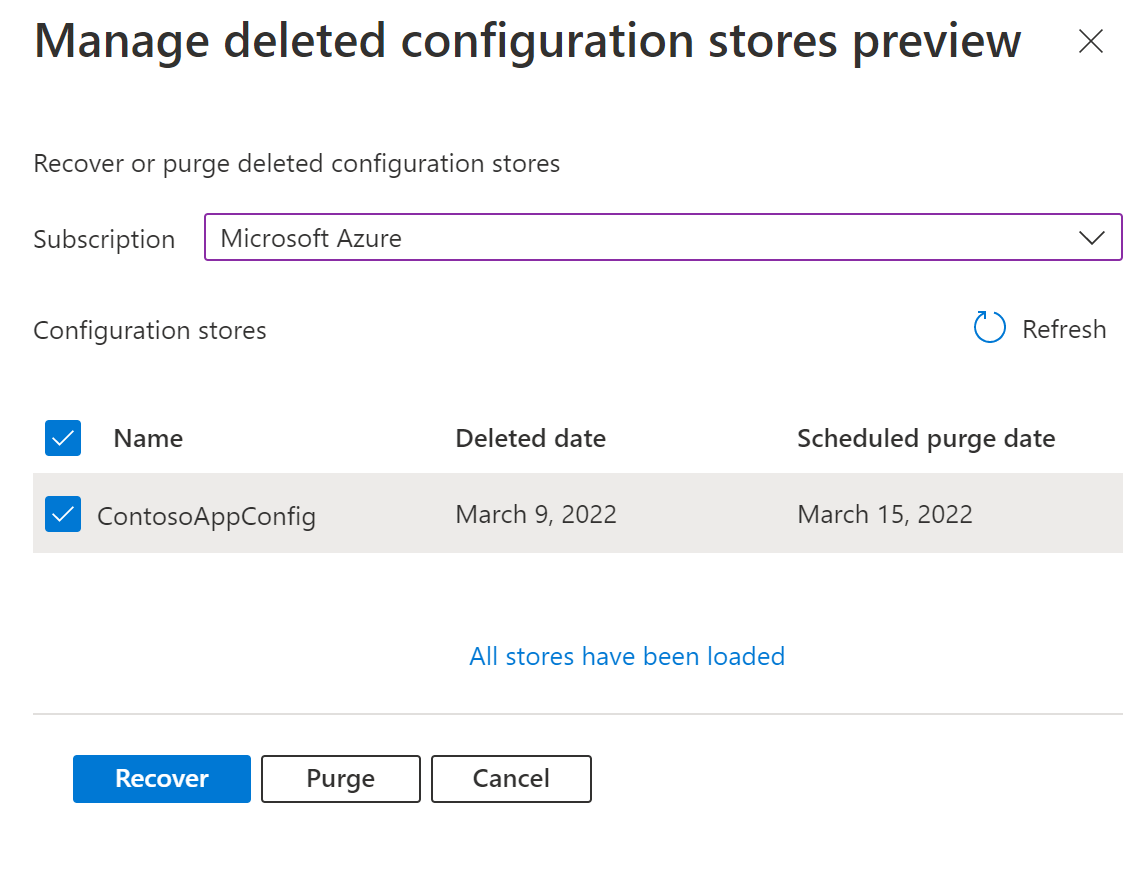 On Manage deleted stores panel, one store is selected, and the Recover button is highlighted.