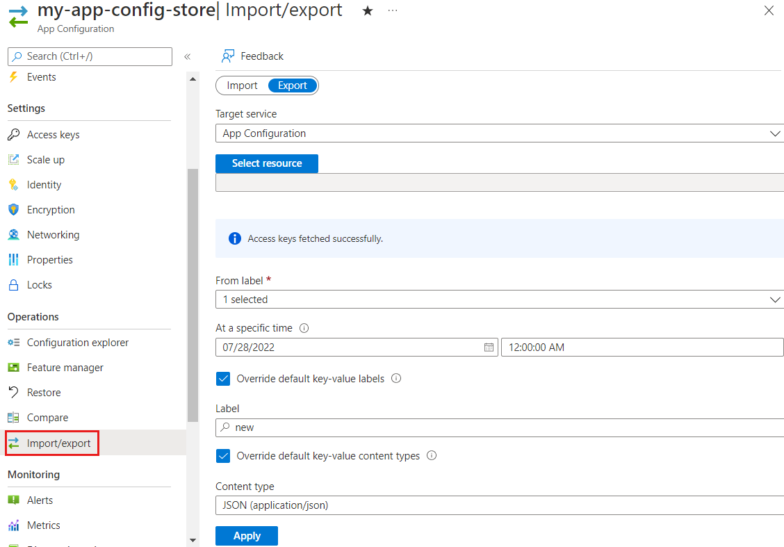 Screenshot of the Azure portal, exporting from an App Configuration store.