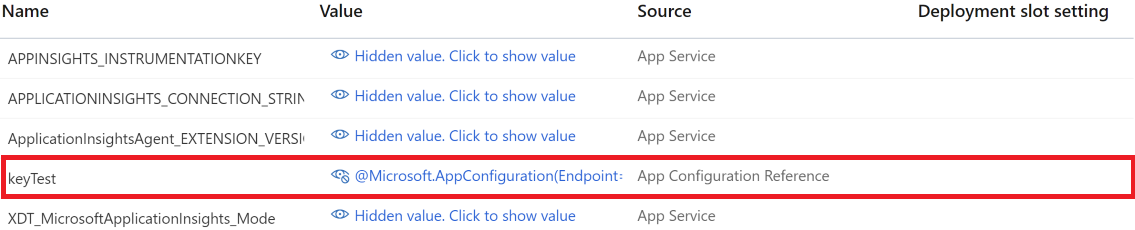Screenshot of App Service configuration settings. Exported App Configuration reference in App Service.