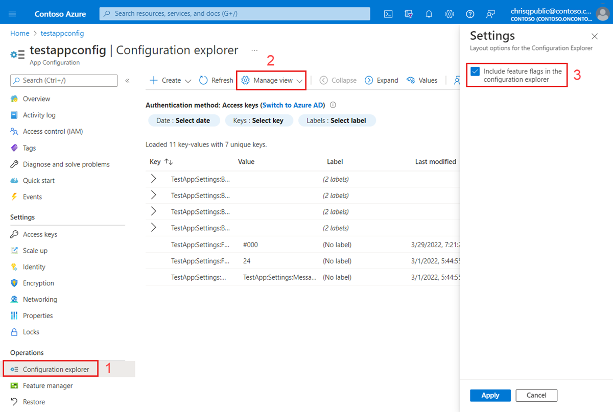 Screenshot of the Azure platform. Include feature flags in Configuration explorer.