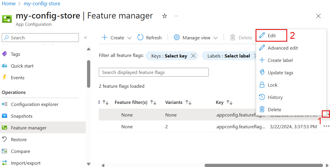 Screenshot of the Azure platform. Edit a feature flag.