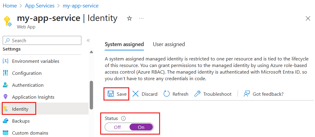 Screenshot of how to add a managed identity in App Service.