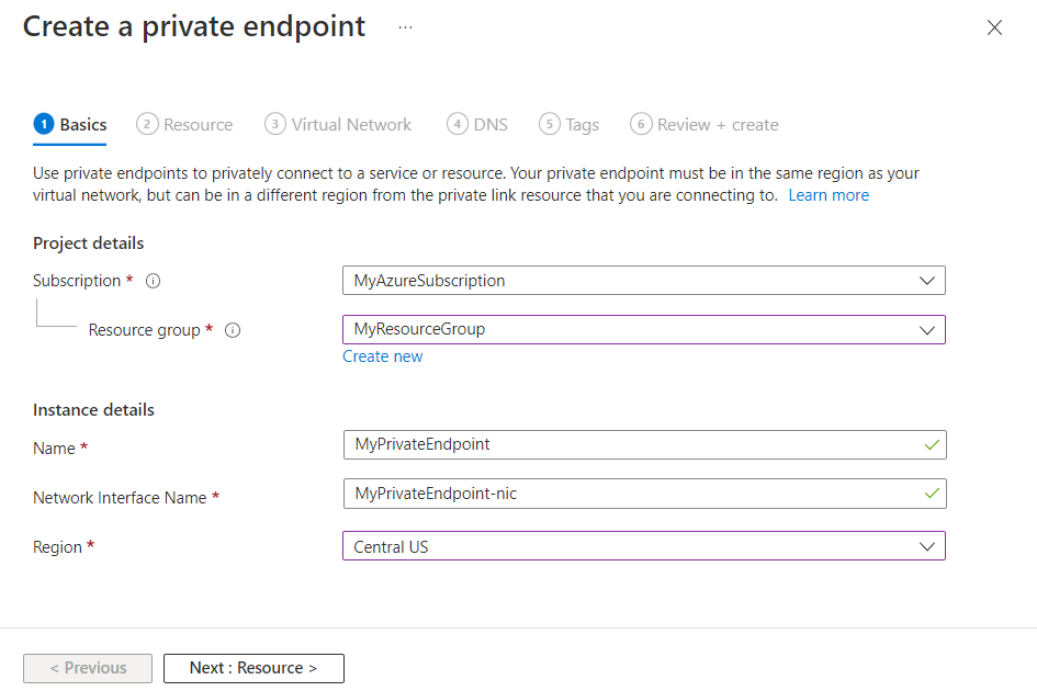 Screenshot of the Azure portal, create a private endpoint, basics tab.