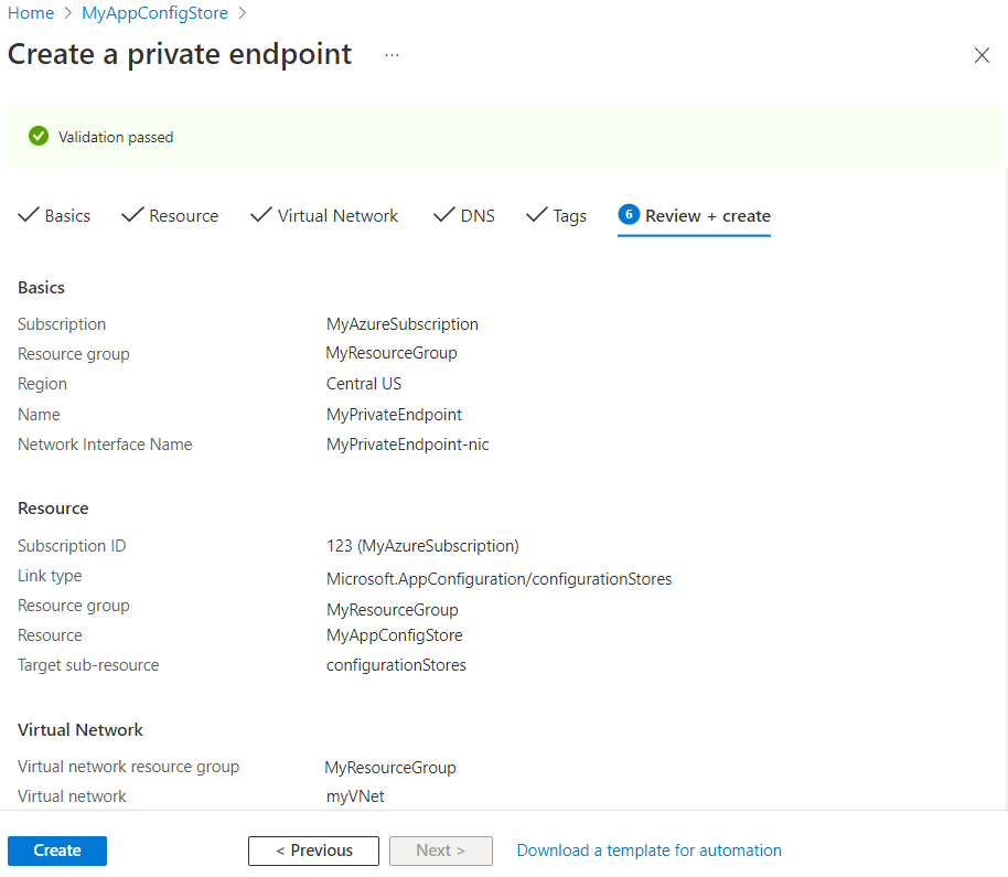 Screenshot of the Azure portal, create a private endpoint, review tab.
