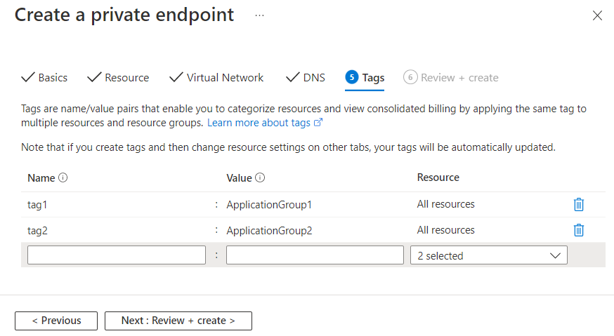 Screenshot of the Azure portal, create a private endpoint, tags tab.