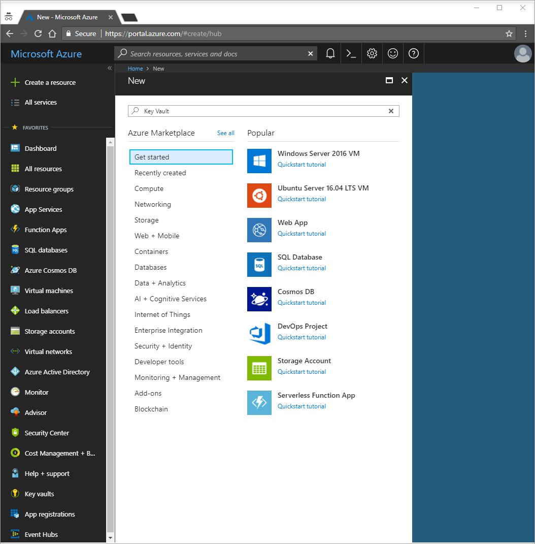 Screenshot shows the Create a resource option in the Azure portal.