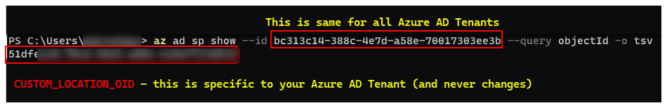 A screenshot of a PowerShell terminal that shows az ad sp show --id <>.