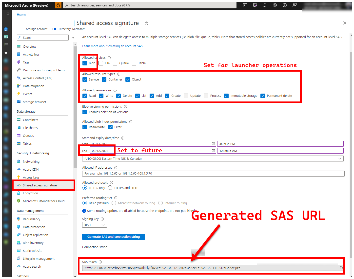 A screenshot of the shared access signature details on the Azure portal.