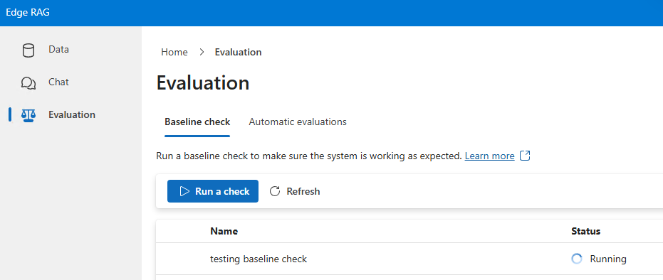 A screenshot showing the evaluation status page in the developer portal, displaying the progress and details of the baseline check.