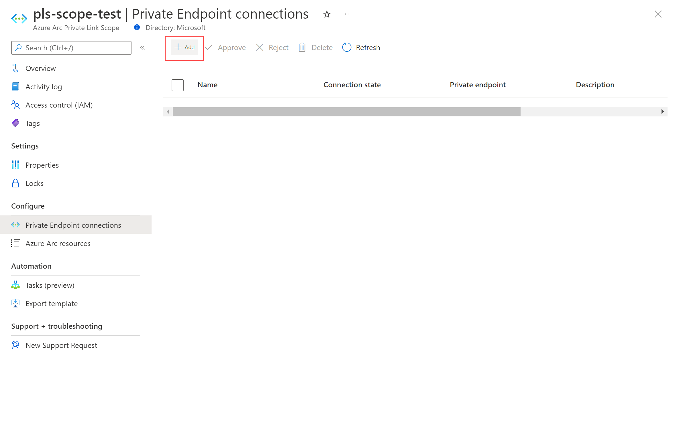 Screenshot of the Private Endpoint connections screen in the Azure portal.
