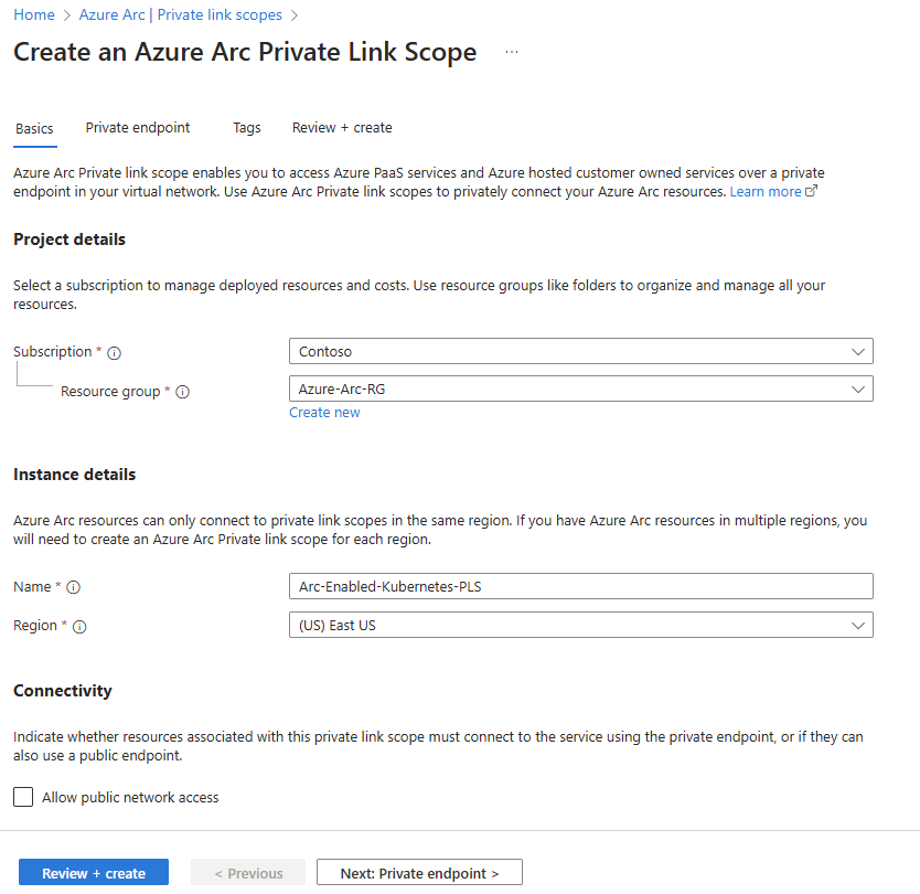 Screenshot of the Azure Arc Private Link Scope creation screen in the Azure portal.