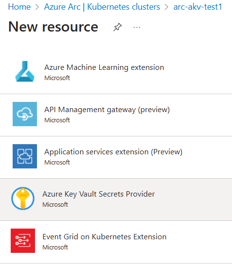 Screenshot showing the Azure Key Vault Secrets Provider extension in the Azure portal.