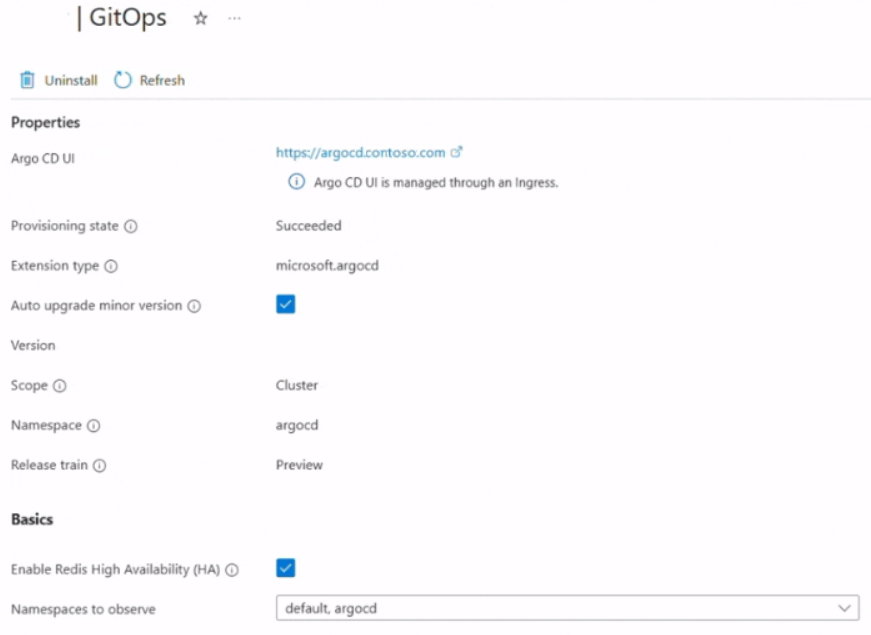 Screenshot of the link to access the Argo CD UI in the Azure portal.