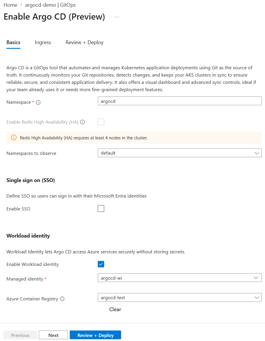 Screenshot of the Basics tab with options to enable Argo CD on a cluster in the Azure portal.